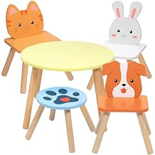 Kids Wooden Animal Table & Chair Set w 4 Seats- Puppy Kitten Bunny Plus Adult Stool for Arts & Crafts, Coloring, Activity, Dining, Pretend Play- Toddler Playroom Furniture for Home, Daycare Classroom
