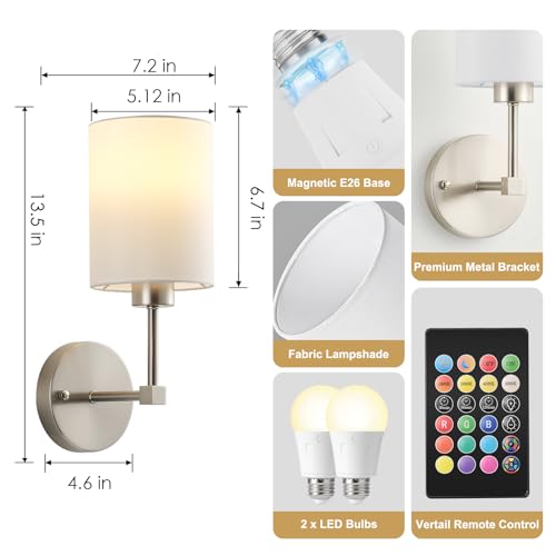 Image of Battery Operated Wall Sconce Set of Two,Wireless Rechargeable Wall Light With Remote Control, Dimmable, 1800K /3000K /4000K /6000K /RGB, Timer, for Living Room, Bedroom, Fireplace, TV, 13.5 Inch, Nickel