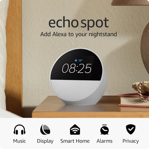 Echo Spot (newest gen), Smart alarm clock with vibrant sound + Alexa, Glacier White