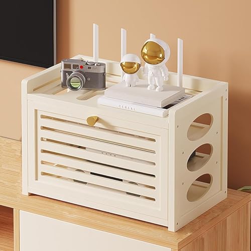 Routeur WiFi sto armoire blanche aérée cachant le modem et les câbles au sol