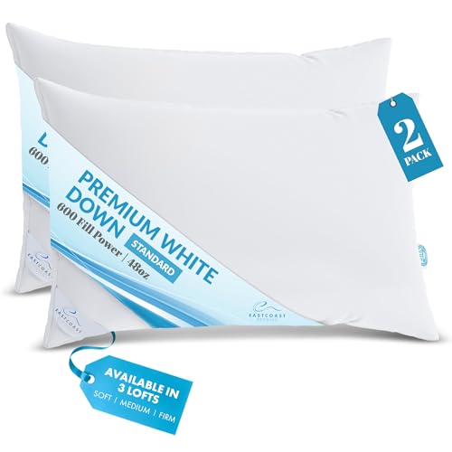 East Coast Bedding Firm Density White Duck Down Pillows – High Loft Support for Side Sleepers – 600 Fill Power, 400 TC Cotton Shell – Queen Size, 20