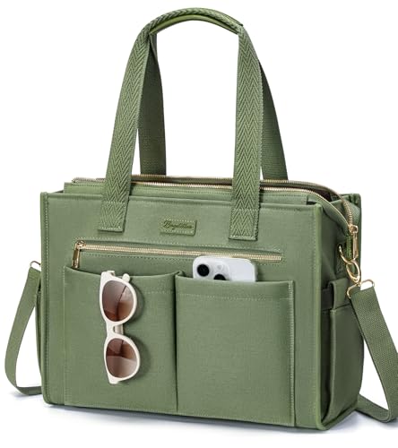 Image of Canvas Tote Bag for Women, 15-Pockets Work Laptop Tote Purse Large Crossbody Nurse Teacher Bible Bag for School Travel Daily | with Strap & Zipper