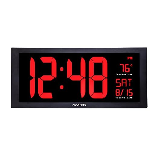 AcuRite 75100 Large 18” Digital LED Wall Clock with Date, Temperature and Fold-Out Stand, Inch, Red