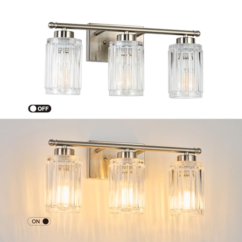Image of 3 Light Bathroom Light Fixtures Modern Brushed Nickel 18 Inch Vanity Lights for Bathroom Lighting Fixtures Over Mirror with Thickened Glass Shade for Cabinet Mirror Bedroom Hallway
