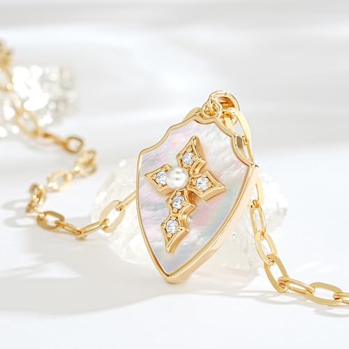 Fettero Dainty MOP Necklaces for Women, 14K Gold Plated Heart Cross Teardrop Pendant Cute Charm Neclace Delicate Pearl Beach Gold Necklace for Women Jewelry Gift