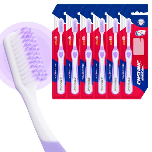 Image of Enshine Advance Clean+ Soft Toothbrush for Adults - Pack of 6 | Ultra Soft Tapered PBT Bristles | Tooth Brush Set with Non-Slip Grip | Manual Toothbrushes for Sensitive Gums & Enamel | Color Purple