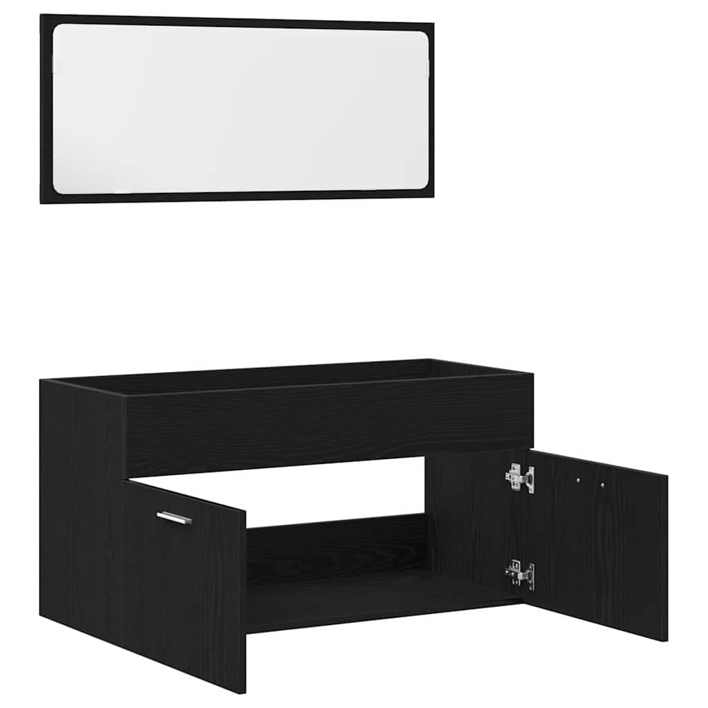 Zestaw mebli łazienkowych w kolorze czarnym o wyglądzie dębu, materiał drewnopochodny z umywalką, szafka pod umywalkę i lustro ścienne, 90 x 38,5 x 46 cm, nowoczesne wzornictwo wiszące dla
