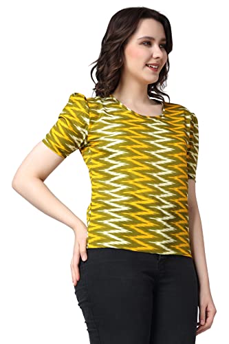Image of POPWINGS Casual Printed Puff Sleeves Round Neck Top for Women || Stylish Summer Tops for Women || Hip-Length Women Top