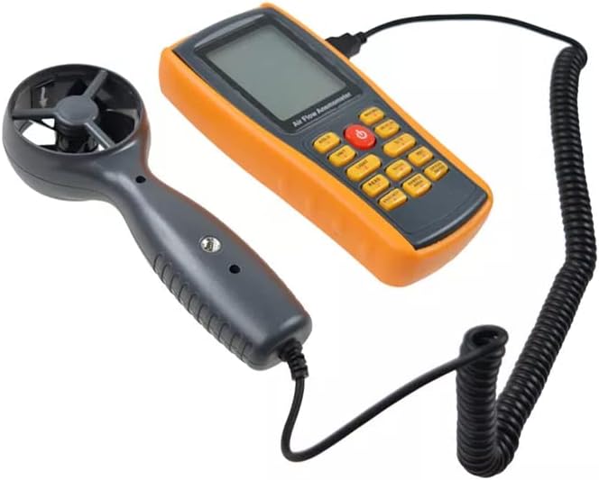 GM8902 anemometer main unit connected to its vane probe via a coiled cable