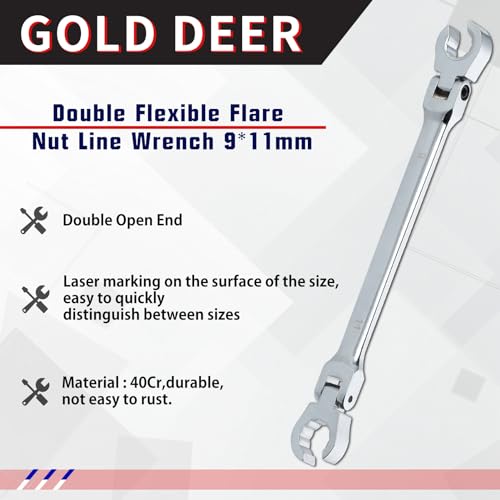 Image of Flex Head Flare Nut Wrench Set 9 * 11mm Metric Double Flexible Line Wrench 40Cr for Automotive and Plumbing Repairs