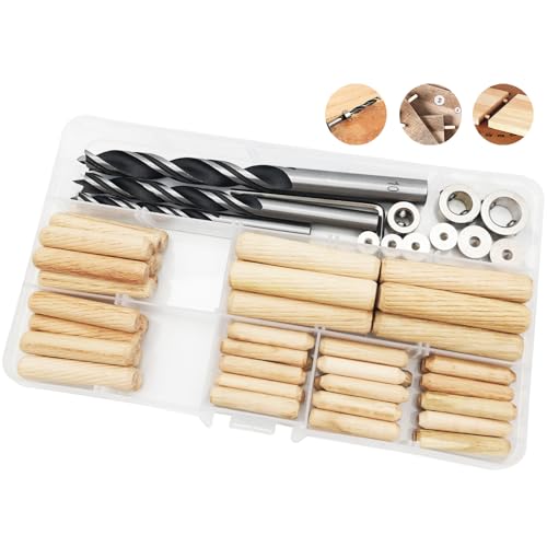 CESFONJER Espigas de Madera kit (6/8/10 mm), 55 pcs Espigas de Madera, 6 pcs Centro de Clavijas, 3 pcs Broca y 3 pcs Tope para Brocas,para Muebles de Carpintería Carpintero Aficionado DIY