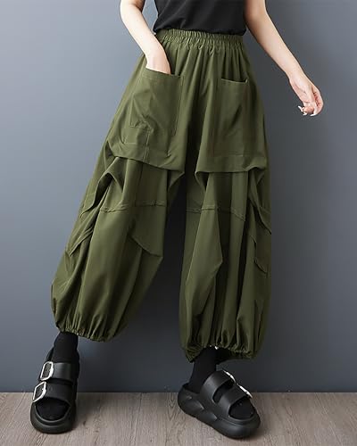 ellazhu Women's Pants Elastic Waist Two Pockets Solid Plus Size Lantern-Shape Wide Leg Casual Fashion Summer GZ561 A3