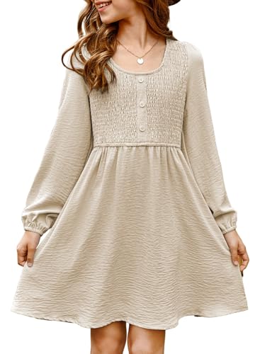 blibean Tween Girls Fall Dresses Kids Girl Smocked Puff Long Sleeve Dress Spring Semi Formal Wedding Guest Holiday Party Outfits Vestido Niña Size 6-7 Years Cream