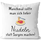 JUNIWORDS Kissen, Manchmal sollte man Sich Lieber Nudeln statt Sorgen Machen!, Weiß-Hellgrün, 2-farbig (1008227)