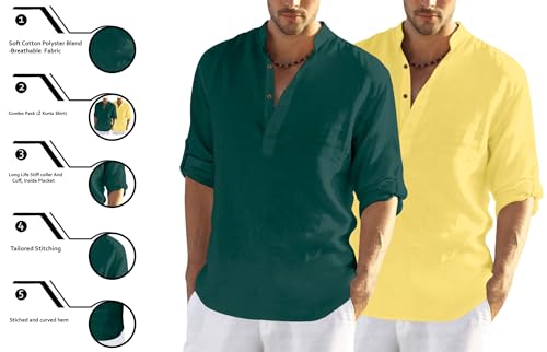 Image of FINIVO FASHION Men's Cotton Blend Solid Full Sleeve Combo Short Kurta Shirt, Regular Fit Solid Pattern Mandarin Collar Straight Kurta Shirt