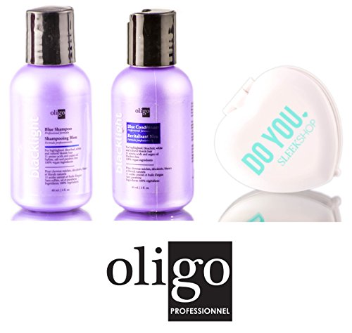 Oligo Blacklight Blue Shampoo & Conditioner DUO Set - Professional Formula for highlighted, bleach, white, and natural blonde hair (with Sleek Compact Mirror) (2 oz / 60ml - travel size DUO)