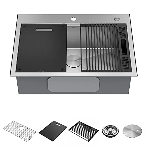 DELTA-FAUCET-Rivet-30-Inch-Workstation-Kitchen-Sink-Drop-In-Top-Mount-16-Gauge-Stainless-Steel-Single-Bowl-with-WorkFlow-Ledge-and-Chefs-Kit-of-5-Accessories-95A931-30S-SS DELTA FAUCET Rivet 30 Inch Workstation Kitchen Sink Drop In Top Mount 16 Gauge Stainless Steel Single Bowl with WorkFlow Ledge and Chefs Kit of 5 Accessories 95A931 30S SS