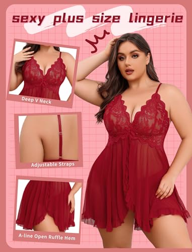 Image of Avidlove Plus Size Lingerie for Women Sexy Lingerie Dress Lace Babydoll Lingerie V-Neck Open Front Strap Nightdress
