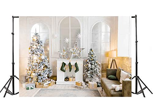 Haosphoto Christmas Backdrop for Photography 7X5FT Fireplace Backdrops Pine Trees Stocking French Window Sleigh Xmas Background for Merry Christmas and Happy New Year Photo Studio Props Vinyl HS913 - Image 2