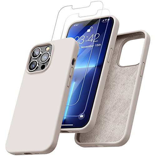 CASEKII [5 in 1] for iPhone 13 Pro Case, [2 Pack Screen Protector] [Anti-Scratch Microfiber Lining] [Screen and Camera Protection] Silicone Shockproof Protective Phone Case for 13 Pro, Stone