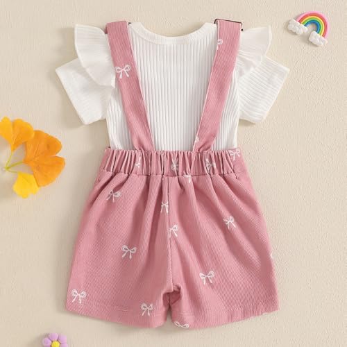 Adobabirl Baby Girl Summer Clothes Ribbed Short Sleeve Romper Bow Print Overalls Shorts Set Infant Cute Summer Outfits3