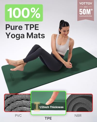 Image of YOTTOY Yoga Mat,Extra Thick Yoga Mat (1 /2inch),Professional TPE Exercise Mat,Non-Slip Workout Mat for Yoga, Pilates, Fitness, Barefoot Workouts, Home Gym Studio with Strap