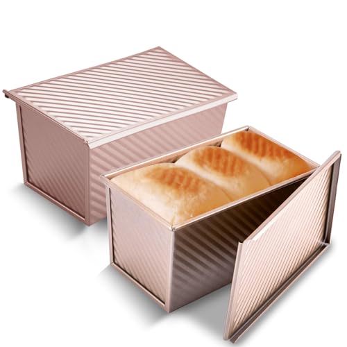 Image of KITESSENSU Pullman Loaf Pan with Lid 2 Pack, 1 lb Dough Capacity Non-Stick Bakeware for Baking Bread, Carbon Steel Corrugated Bread Toast Box Mold with Cover for Baking Bread, Gold