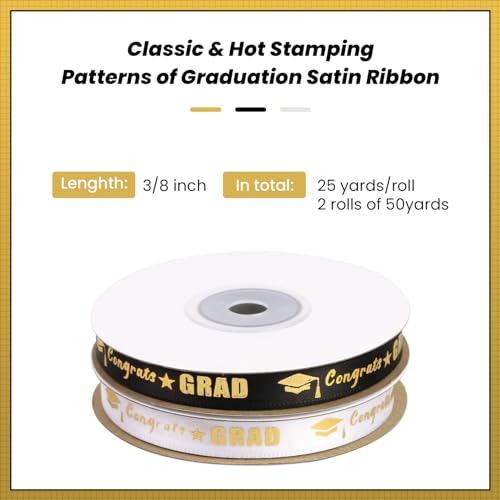2 Rolls 50 Yards Graduation Ribbon 3/8 Inch Wide, Congrats Grad Gold Satin Ribbon for Gift Wrapping Class of 2024 Graduation Party Decorations DIY Crafts