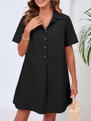 Wenrine Womens Button Down Shirt Dress Oversized Casual Short Sleeve Collared V Neck Summer Mini Dresses3