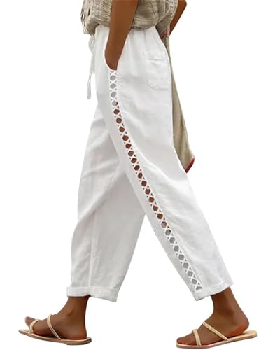 Women's Casual Summer Lightweight Pants Elastic Waist Drawstring Cotton Linen Petite Beach Trousers with Pockets