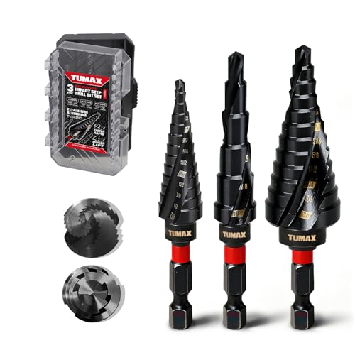 TUMAX 3 PCS M35 Cobalt Step Drill Bit Set with TiAlN Coating, 1/4' Hex Shank Impact Ready, 1/8' to 7/8' HSS-Co Multi-Hole Unibit with Dual-Spiral Flute for Stainless Steel, Metal, HVAC, Electrical