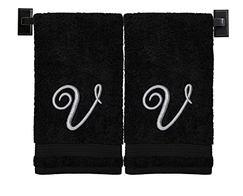 Custom Luxury Towels Black Hand Towels for Bathroom - Monogrammed | Luxury Cotton Turkish Towels | Embroidered in USA | Set of 2 | Choose Set Color and Letter | A - Z | Script Font