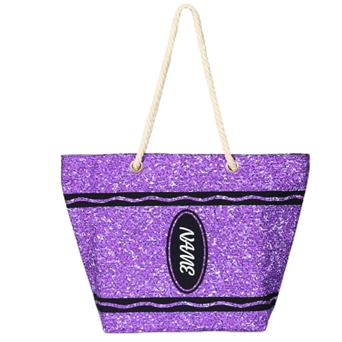 ZZHZBE Personalized Custom Crayon Design Tote Bag with Name Gift For Teacher (purple)