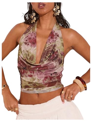 SOLY HUX Women's Cowl Neck Halter Tops Mesh Floral Deep V Neck Draped Front Backless Summer Going Out Crop Tank Tops