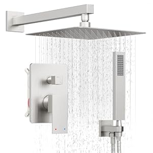 Brushed Nickel Shower System, Shower Faucet Set with 10-Inch Rain Showerhead and Handheld Spray, Wall Mounted High-Pressure Showerhead Combo Set Included Valve and Trim, Brushed Nickel