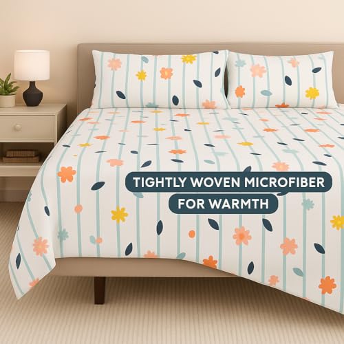 Image of King Size Bedsheet - Ray of Flowers Print - 108 x 108 Inches - Brushed Microfiber Flat Sheet with Pillow Covers - Soft, Cooling, Wrinkle & Fade Resistant