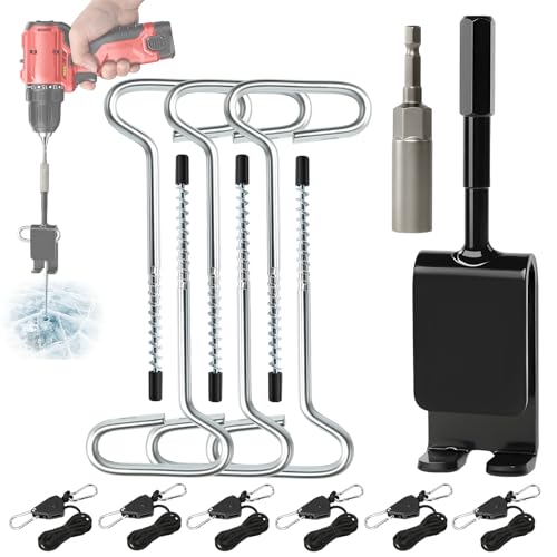 GLBLAUCK Ice Anchor Tool Kit, 14Pcs Universal Ice Fishing Anchor Tool with Ice Anchor Drill Adapter, Tent Stakes Nails, Rope Hangers, 1/4