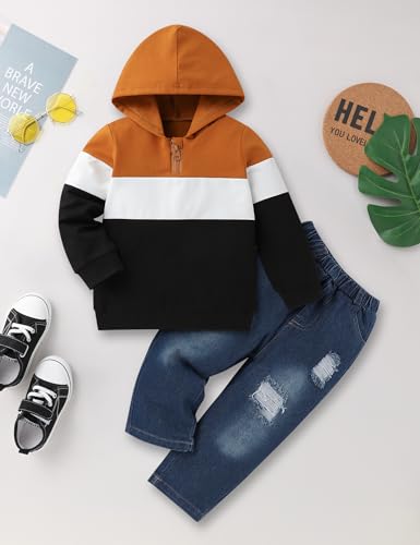 Image of Gaupafmb Baby Boy Clothes Toddler Boy Outfits Long Sleeve Hoodie Sweatshirts and Ripped Jeans 2Pcs Outfits Set