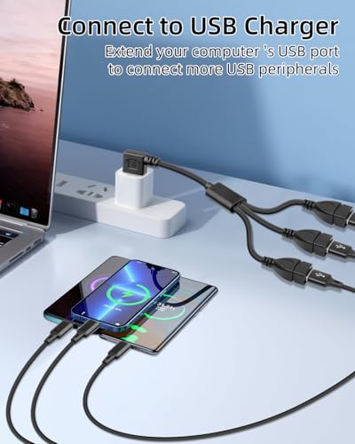Left Angle USB Splitter 3 Port USB 2.0 Hub,90 Degree USB A 1 Male to 3 Female Y Splitter Cable Support Charging & Data Transfer for PC,Laptop,Keyboard(0.3M,2 Pack)