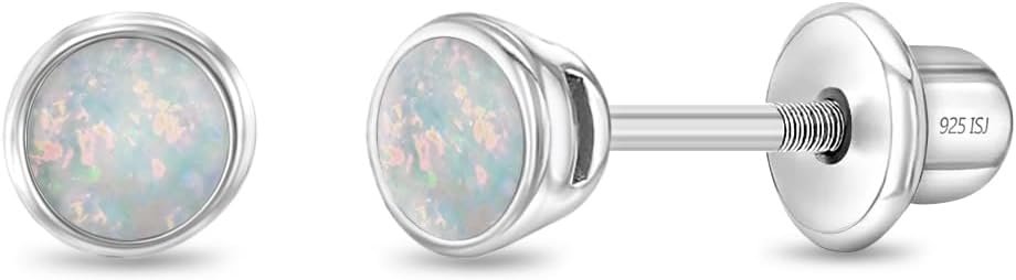 925 Sterling Silver Bezel Set Simulated Opal Safety Screw Back Earrings For Toddler and Little Girls - Children's Small Simulated Opal Studs - Dainty Screwbacks for Toddler Girls