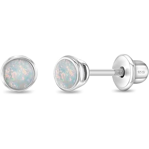In Season Jewelry 925 Sterling Silver Bezel Set Simulated Opal Safety Screw Back Earrings For Toddler and Little Girls - Children's Small Simulated Opal Earrings - Dainty Earrings for Toddler Girls