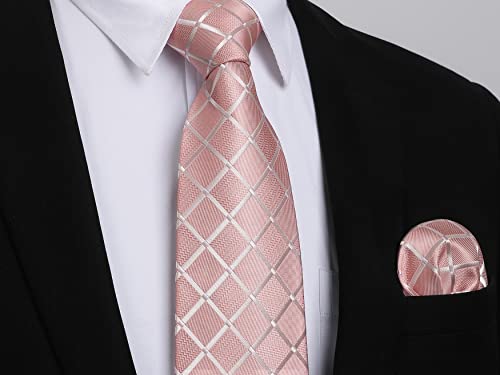 Image of HISDERN Plaid Ties for Men Classic Checkered Tie and Pocket Square Cufflinks Tie Clip Set Woven Men's Necktie Business