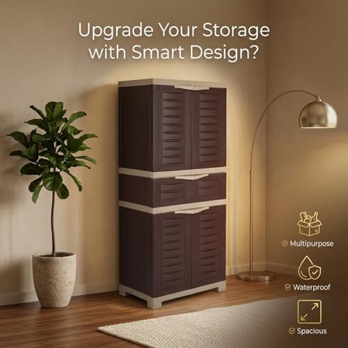 Image of Supreme Furniture Fusion 02 MDR 01 Multipurpose Plastic Cupboard | 40-Months Warranty* |2 Door Cabinet with 1 Drawerat Center | Spacious Shelves | Big Storage for Bedroom| DIY | Brown Beige