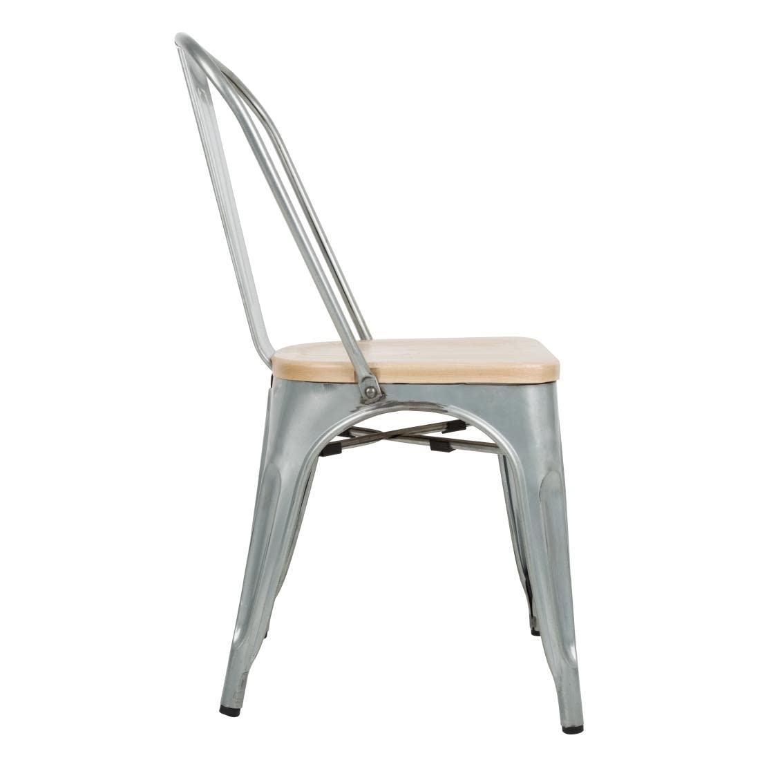 Bolero Chaise acier avec assise en bois (lot de 4), assise en acier galvanisé/frêne, hauteur d'assise : 445 mm, chaises d'intérieur et d'extérieur, empilables, usage professionnel et domestique, GM642