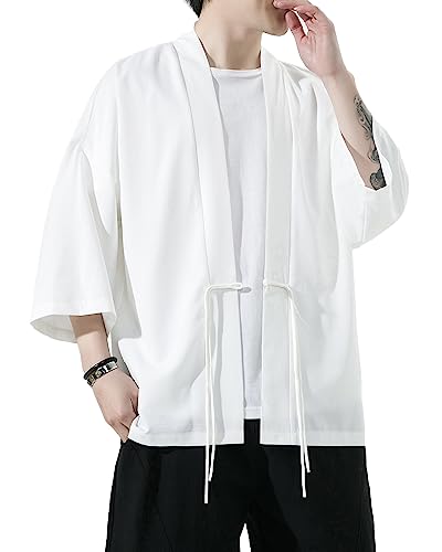 Image of Mens Kimono Cardigan Cotton Linen Japanese Shirt 3 /4 Sleeve Haori Yukata | Skin-Friendly Solid Color Lightweight Shawl Collar Kimono Robe Embroidery Button Tie Pockets Happi Coat All Season Daily Wear