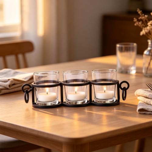 Image of HOSLEY Clear Glass Tealight Candle Holders| Black Tealight Candle Holders with Glass Holders Perfect for Home Decor Tabletop Centerpiece| Pack of 1 with Pack of 3 Tealights