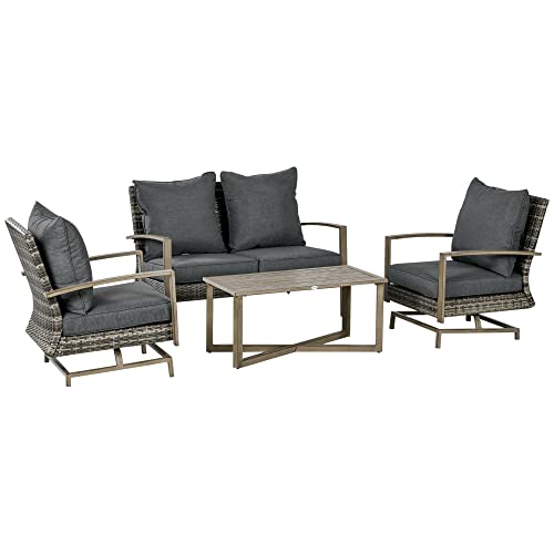 Outsunny 4 Piece Wicker Patio Furniture Set With 2 Rocking Chairs, Loveseat Sofa, Outdoor Pe Rattan Conversation Set With Cushions, Aluminum Table For Porch, Poolside, Dark Gray #TOP6