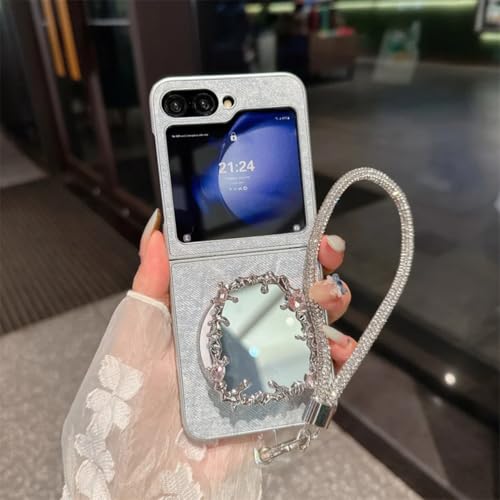 Étui Galaxy Z Flip 3 5G denim à chaîne pour garder les mains libres en soirée avec miroir intégré