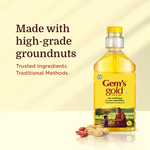 Image of Gem's Gold Cold pressed Groundnut /Peanut Oil 500 Ml | Smart Bottle Helps 30% lesser Oil consumption | Marachekku, Chemical Free | Kacchi Ghani /Chekku Cooking Oil
