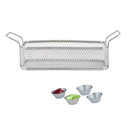Kosma Stainless Steel Chrome Finish Mini Chip Basket Double Handle | Fry Serving Basket | Food Presentation Serving Baskets 22.5 x 12.5x 6cm + FREE 4 Pc Stainless Steel Sauce Cup 2.5 oz